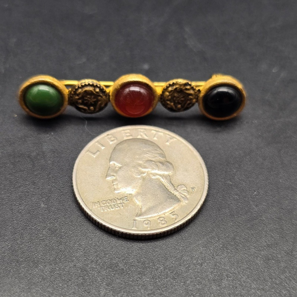 Ginnie Johansen Designs GJD Bar Brooch Gold Tone Green Orange Black - Picture 2 of 7